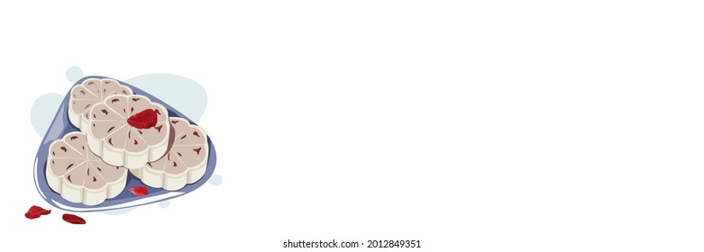 Isolated plate of rose mooncake filled sweet red bean paste and red rose served on white plate. Mooncake on white background. Close up Asian food vector illustration. Mid autumn festival.
