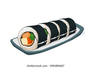 Isolated Plate Of Sushi Raw On White Background. Vinegared Rice, Salt And Sugar Roll With  Seaweed. Close Up Food Drawing Vector Illustration. Japanese Anime Food.   