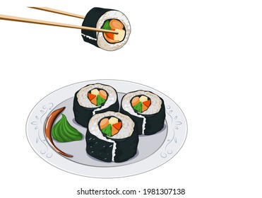 Isolated Plate Of Sushi, Wasabi And Soy Sauce. Chopsticks Pick Sushi Up From A Plate. Close Up Japanese Food Anime Drawing. Vector Illustration On White Background.  