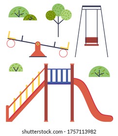 Isolated playground. Set of vector illustrations without people. Slide, up-and-down carousel, swing, green trees, bushes. Time to play at playground. Children's equipment in park for playing