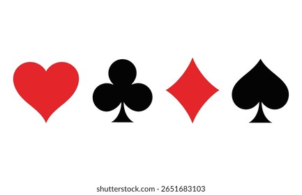 Ícones isolados do naipe de cartas de jogo. Apresenta coração vermelho plano, diamante vermelho, clube preto e espadas pretas em um fundo branco.