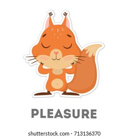 Isolated pleasured squirrel. Funny cartoon character on white background.