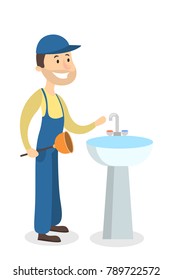 Isolated plumber man with sink on white background.