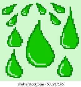 Isolated poison or acid drops for the design of computer and mobile games. Set of pixel icons