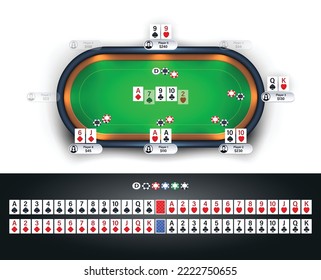 Isolated poker table with full deck of playing cards and poker chips. Texas Hold'em online game  concept illustration. Realistic poker table vector illustration.