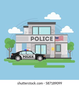 Isolated police building with landscape and car.