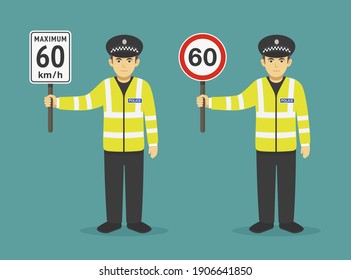 Isolated Police Officer Holding Traffic Or Road Sign. Speed Limit. Flat Vector Illustration Template.