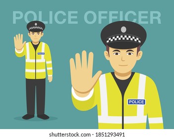 Isolated police officer makes a stop gesture with his hand. Front view. Flat vector illustration template.