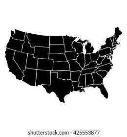 isolated political USA vectorial map of united states of america with black internal area of 50 country frontier contour