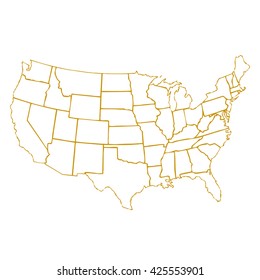 isolated political USA vectorial map of united states of america with golden outline of 50 country frontier contour