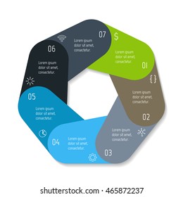 Isolated polygonal paper infographic layout with 7 options. Connected circular number banner template for diagram, presentation or chart. EPS10 round sequence infographic element.