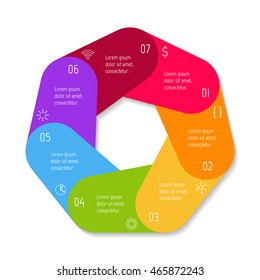 Isolated polygonal paper infographic layout with 7 options. Connected circular number banner template for diagram, presentation or chart. EPS10 round sequence infographic element.