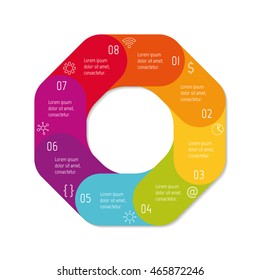 Isolated polygonal paper infographic layout with 8 options. Connected circular number banner template for diagram, presentation or chart. EPS10 round sequence infographic element.