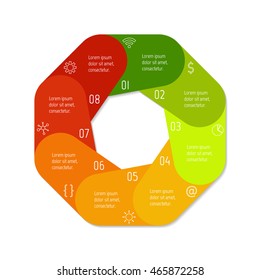 Isolated polygonal paper infographic layout with 8 options. Connected circular number banner template for diagram, presentation or chart. EPS10 round sequence infographic element.