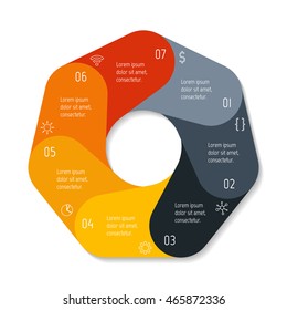 Isolated polygonal paper infographic layout with 7 options. Connected circular number banner template for diagram, presentation or chart. EPS10 round sequence infographic element.