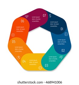 Isolated polygonal paper infographic layout with 7 options. Connected circular number banner template for diagram, presentation or chart. EPS10 round sequence element.