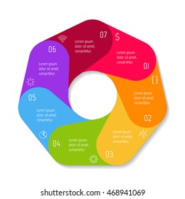 Isolated polygonal paper infographic layout with 7 options. Connected circular number banner template for diagram, presentation or chart. EPS10 round sequence element.