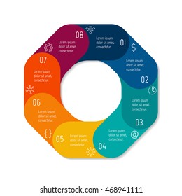 Isolated polygonal paper infographic layout with 8 options. Connected circular number banner template for diagram, presentation or chart. EPS10 round sequence infographic element.