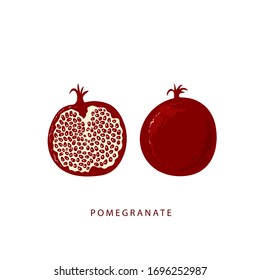 Isolated pomegranate. Illustration with cartoon isolated pomegranate with title on a white background. Vector fruit icon. Flat vector stock illustration. pomegranate logo. pomegranate in hand drawn