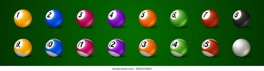 Isolated pool white ball vector illustration vector set. Snooker or billiard sport game colorful balls with seven, three, fifteen and ten numbers and stripe. 3d spherical equipment icon for gambling