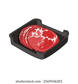 Isolated pork Boston butt, a thin sliced of Fresh Pork meat in black plate, vector hand drawing food ingredient illustration. Sliced meat, hight protein food, uncooked food hot pot ingredients. 