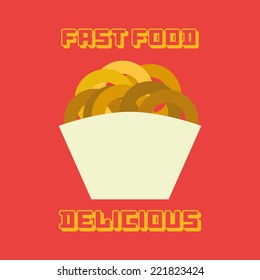 an isolated portion of fried onions on a red background with text
