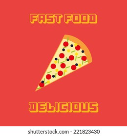 an isolated portion of pizza on a red background with text