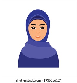 Isolated portrait of Beautiful girl in hijab. Avatar of a young Muslim woman. Cartoon color flat style. White background. Vector stock illustration.