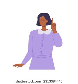 Isolated portrait of frowning woman cartoon character raising index finger pointing out her rights