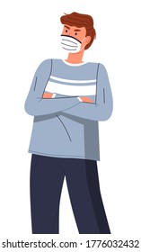 Isolated portrait of man wearing face medical mask show crossed hands, stop gesture at white background. Viral pandemic, stop spreading viral infection. Cartoon character in vector style protesting