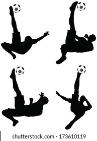 isolated poses of soccer players silhouettes in air position