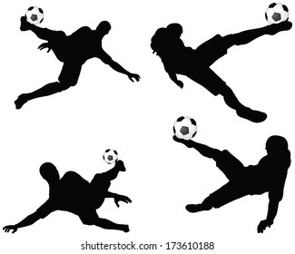 isolated poses of soccer players silhouettes in air position