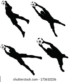 isolated poses of soccer players silhouettes in air jumping position