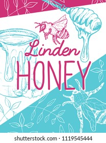Isolated poster with bee and fresh honey. Sketch with hexagon honeycomb and spoon for gathering. Label or brochure for healthy nutrition market or shop, store with bees wax. Insects food retail theme