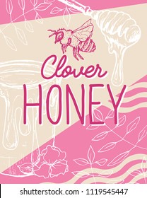 Isolated poster with bee and fresh honey. Sketch with hexagon honeycomb and spoon for gathering. Label or brochure for healthy nutrition market or shop, store with bees wax. Insects food retail theme