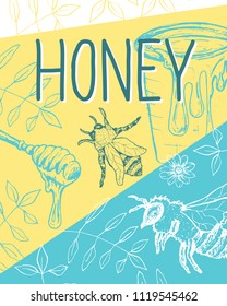 Isolated poster with bee and fresh honey. Sketch with hexagon honeycomb and spoon for gathering. Label or brochure for healthy nutrition market or shop, store with beeswax. Insects food retail theme
