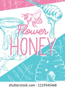 Isolated poster with bee and fresh honey. Sketch with hexagon honeycomb and spoon for gathering. Label or brochure for healthy nutrition market or shop, store with bees wax. Insects food retail theme