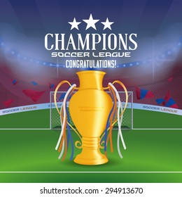 Isolated poster with a view of a celebration in a soccer stadium. Vector illustration