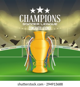 Isolated poster with a view of a celebration in a soccer stadium. Vector illustration