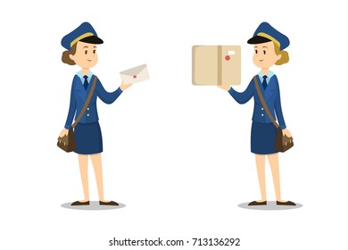 Isolated postwomen with parcel box and envelope on white background.