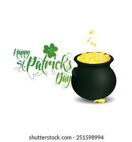 an isolated pot with golden coins and text for Patrick's day