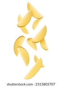 Isolated potato wedges in the air. Unpeeled slices of raw washed potato falling down over isolated on white background, Realistic 3d vector illustration