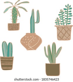 Isolated potted cactus collection. hand drawn vector art. Set of house indoor plant vector cartoon illustration.