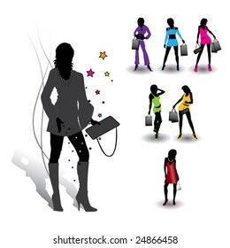 Isolated pretty woman vector set with shopping bags