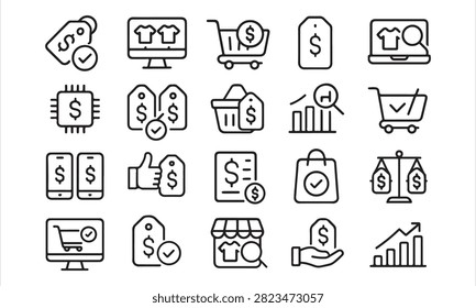 Isolated price comparison icons set, 20 editable line art icons set, product, shopping, market, value, consumer, retail, purchase, buying guide theme style, clean outline vector