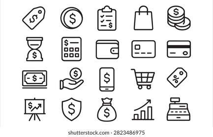 Isolated price cost icons set, 20 editable line art icons set, value, money, payment, finance, shopping, retail, sales, budget, financial pricing theme style, clean outline vector