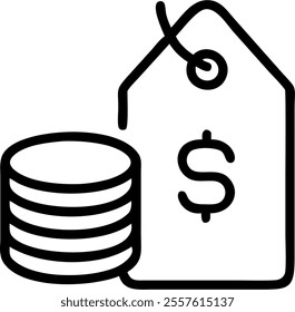 Isolated Price Tag and Coin Stack Vector concept as A minimalist vector design featuring a price tag and a stack of coins isolated on a white background. The design emphasizes retail pricing and finan