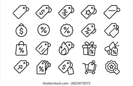 Isolated price tag icons set, 20 editable line art icons set, discount, offer, deal, promotion, shopping, retail, savings, commerce, sale theme style, clean outline vector
