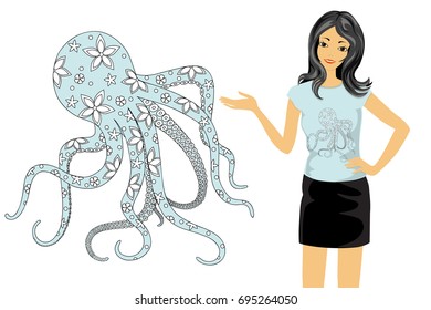 Isolated print with cartoon floral patterned octopus.T-shirt, tunic and bag's design. Cartoon girl with t-shirt's mock-up on the white background. Eps 10.