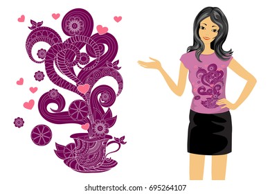 Isolated print with zen tangled shapes and patterned cup.T-shirt, tunic and bag's design. Cartoon girl with t-shirt's mock-up on the white background. Eps 10.